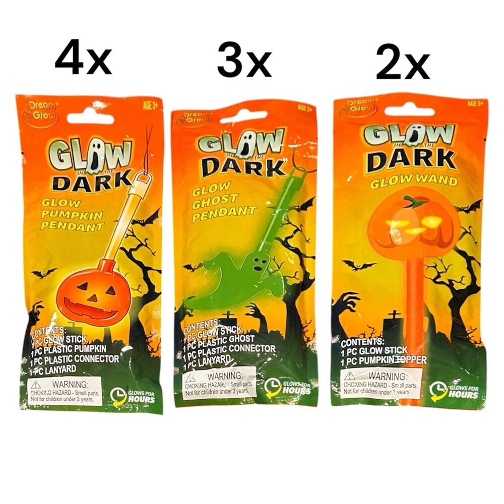 9x Halloween Glow In The Dark Wands Orange and Green Pumpkin Ghost